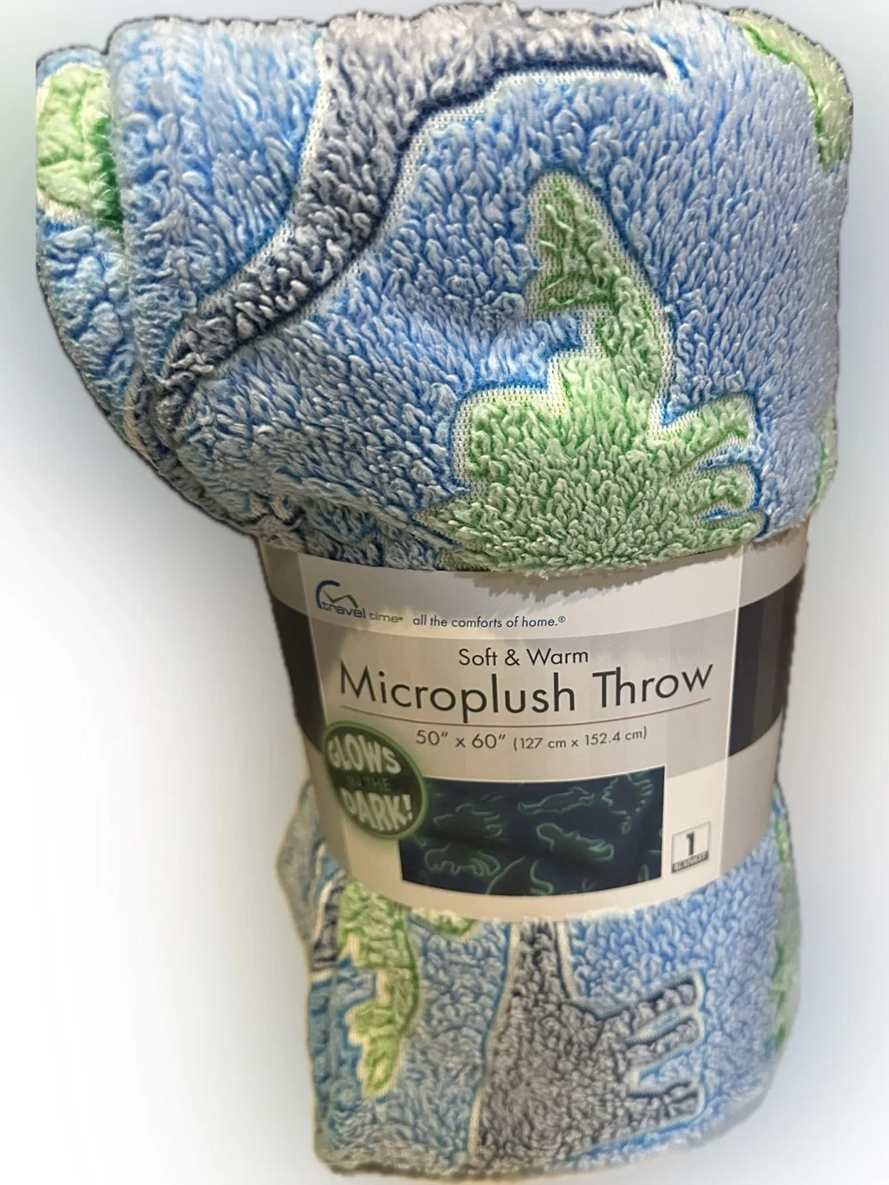 TRAVEL TIME MICROPLUSH THROW BLANKET SOFT WARM BLUE GREEN GRAY DINOSAUR 50”x 60”